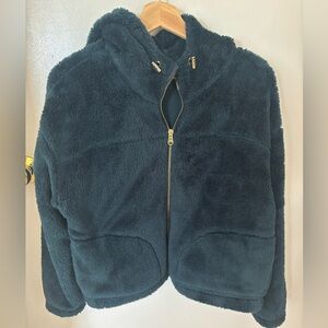 Small Dark Forest Green Old Navy Loose Cozy Sherpa Crop Zip Hoodie